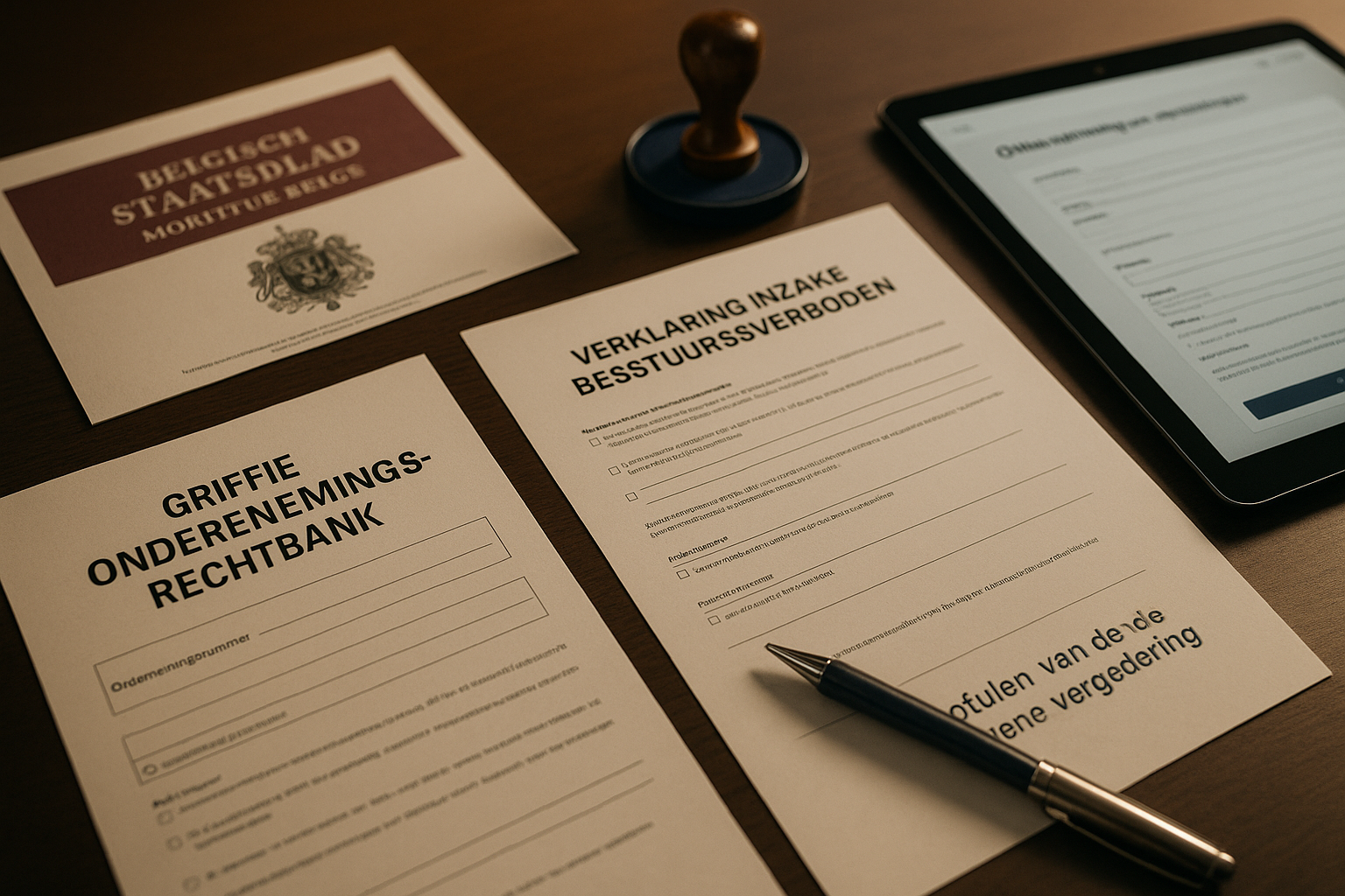 Een bureau met juridische documenten in het Nederlands, een pen, een stempel, een officieel papier en een tablet met een online formulier.