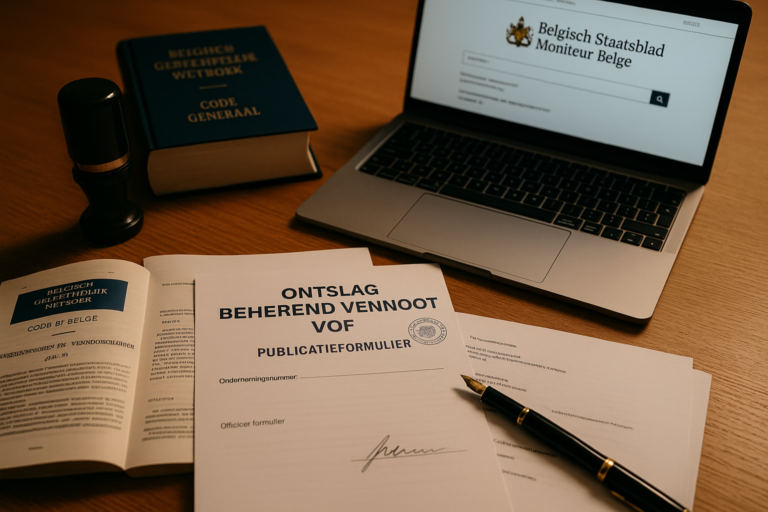Een bureau met juridische documenten, een pen, een notarisstempel, wetboeken en een laptop met daarop de website van het Belgisch Staatsblad met betrekking tot Ontslag Zakvoerder.
