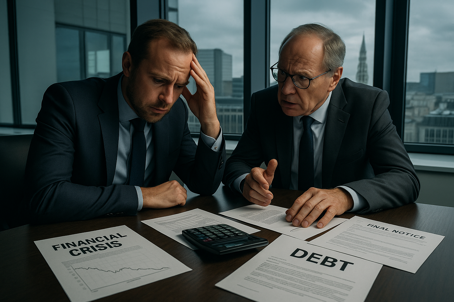 Twee mannen in pak zitten aan een tafel met documenten met het opschrift "Financiële crisis", "Schuld" en "Laatste kennisgeving" en lijken bezorgd terwijl ze financiële kwesties bespreken.