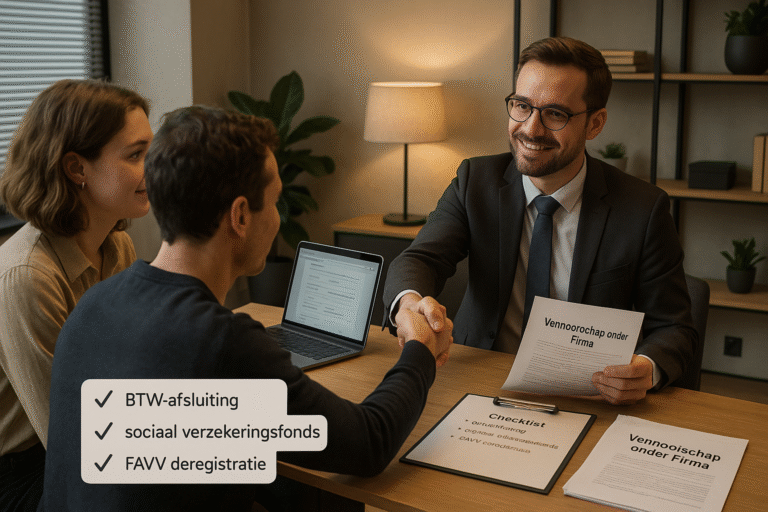 Een man en een vrouw ontmoeten een professional in een kantoor, schudden handen tegenover een bureau met documenten en een laptop; een checklist met taken in het Nederlands is zichtbaar.